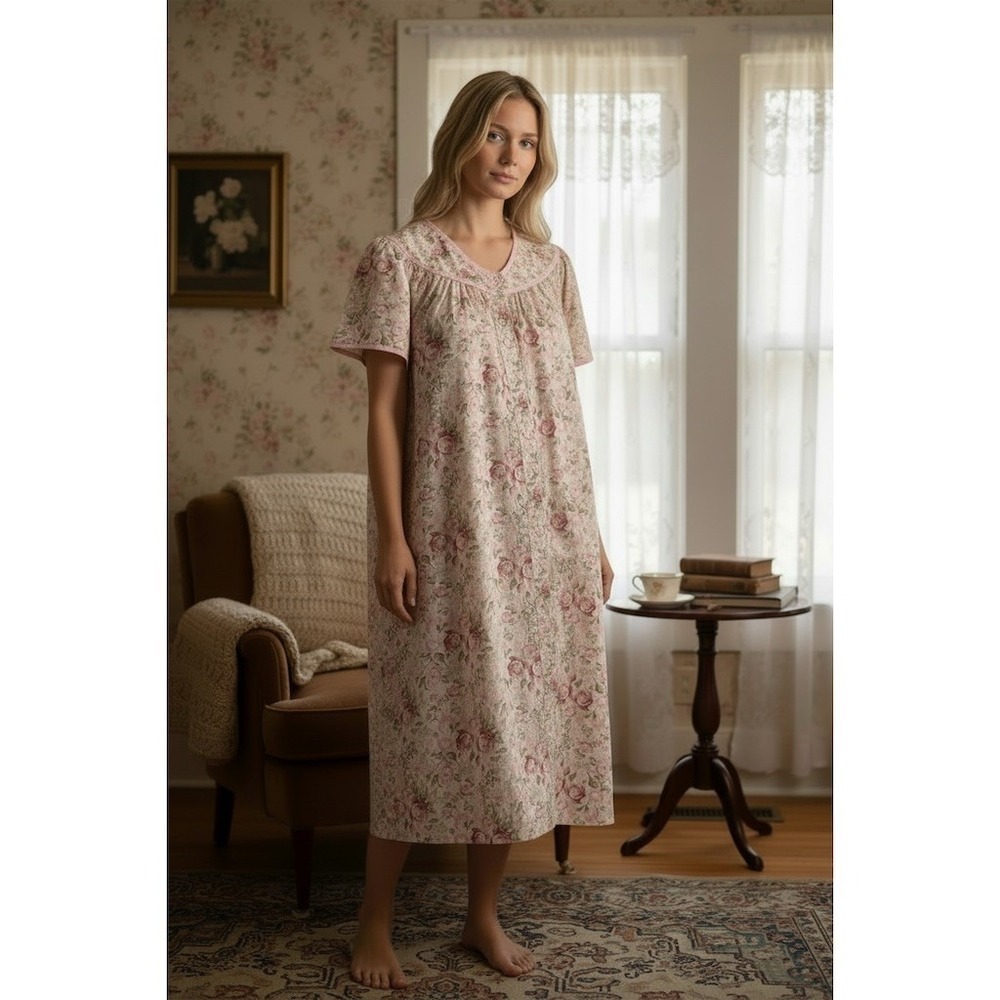 Vintage Speculator II House Dress Women L Pink Floral Snap Midi Grandmacore gown